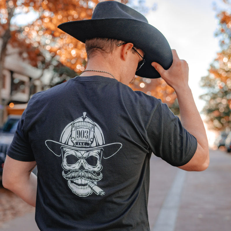 Firefighter Skull with Cigar T-Shirt - BLACK