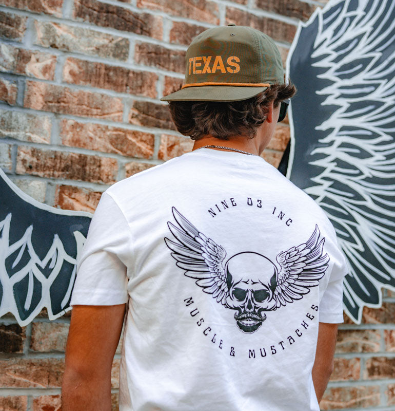 muscle mustache skull with wings t-shirt