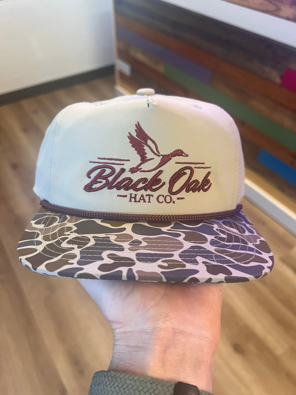 Black Oak 3D Puff maroon on Camo/Tan Blank Rope Hat