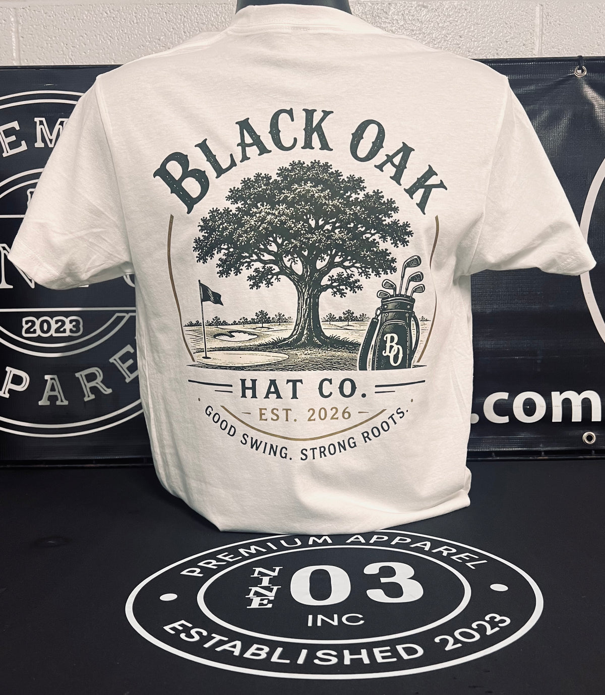 Black Oak Golf on white tee
