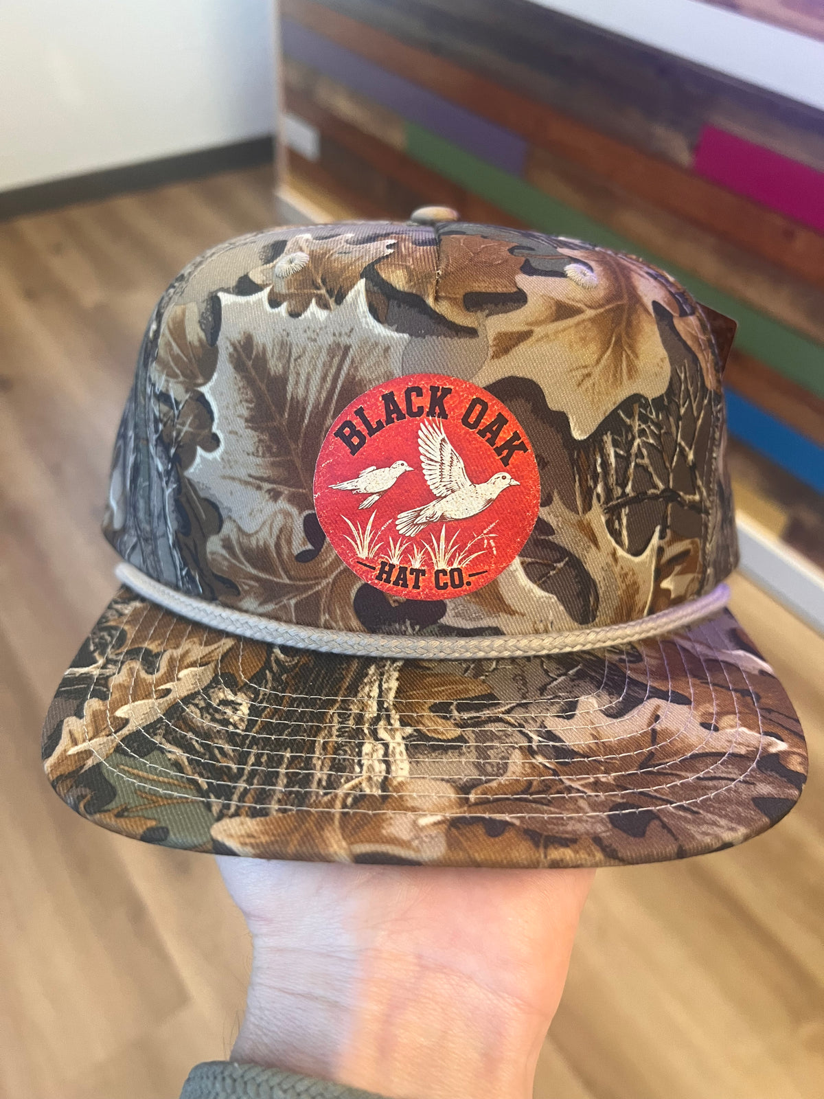 Black Oak Dove printed in red on R256 Realtree camo