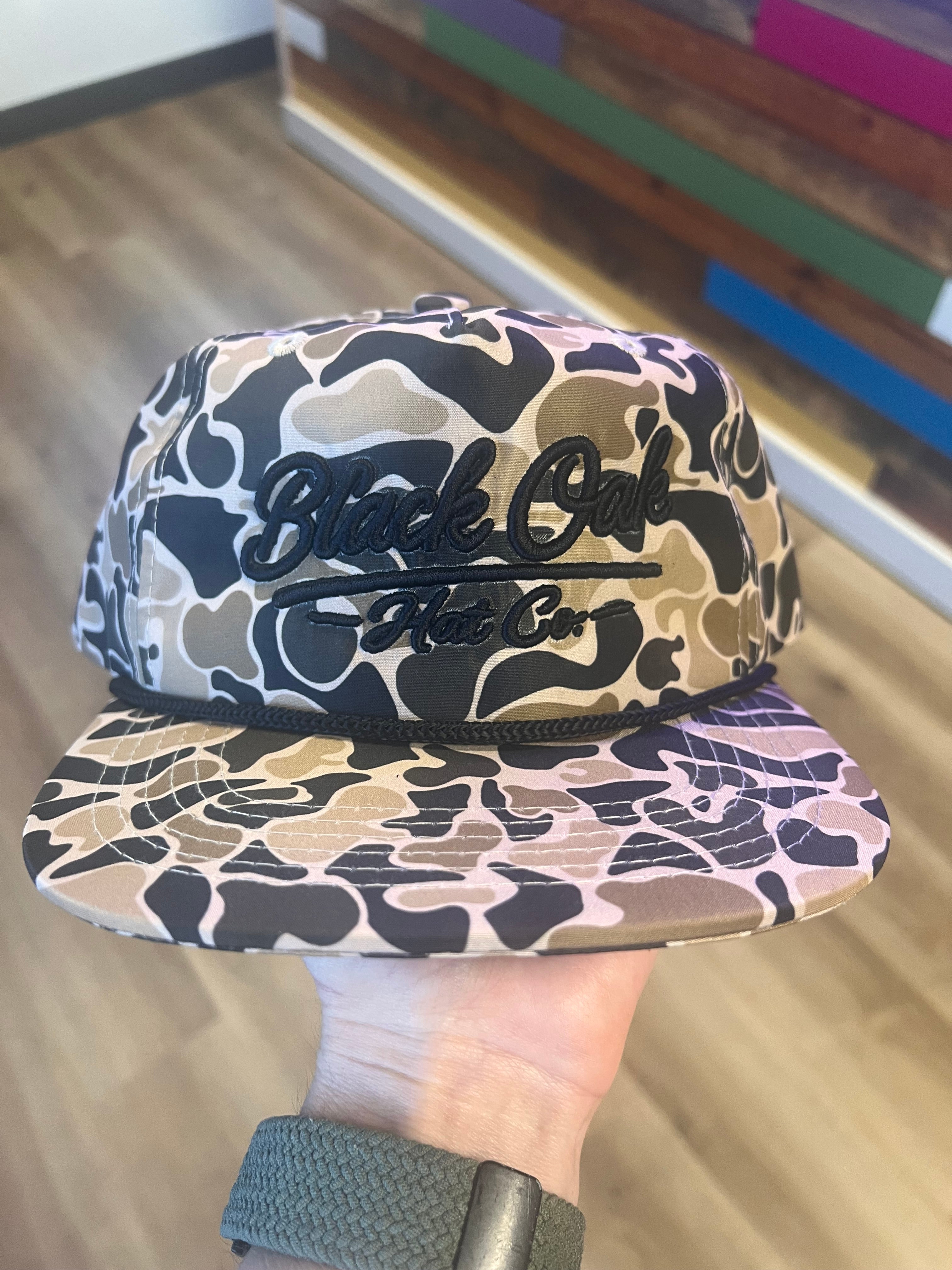 Black Oak 3D Puff on black/tan camo Blank Rope Hat