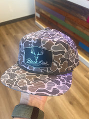 Black Oak leather patch hat with Deer Mount on grey camo Blank Rope Hat