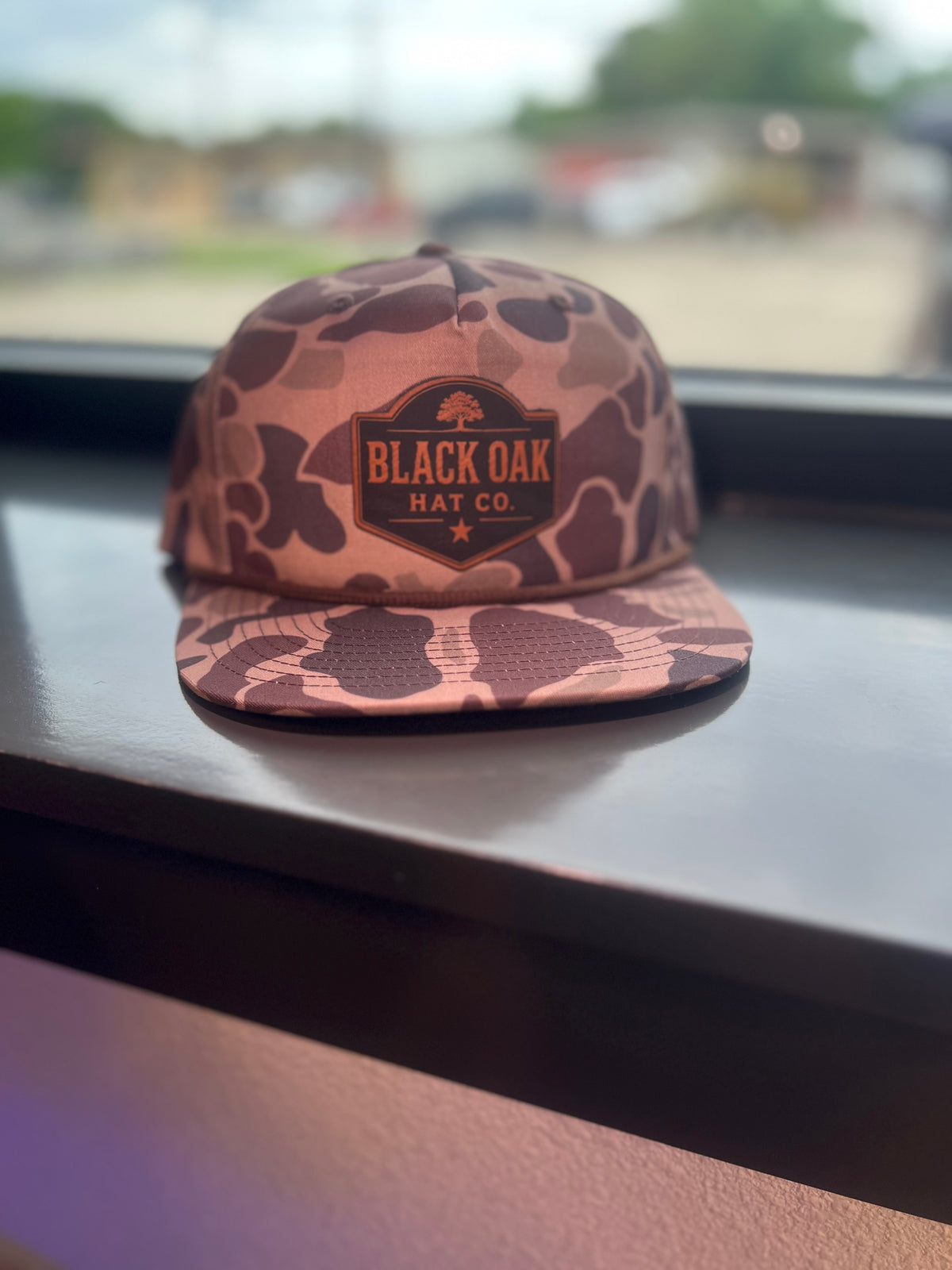Black Oak Leather Patch on Richardson Snapback 256P Gramps Cap/Bark Duck Camo